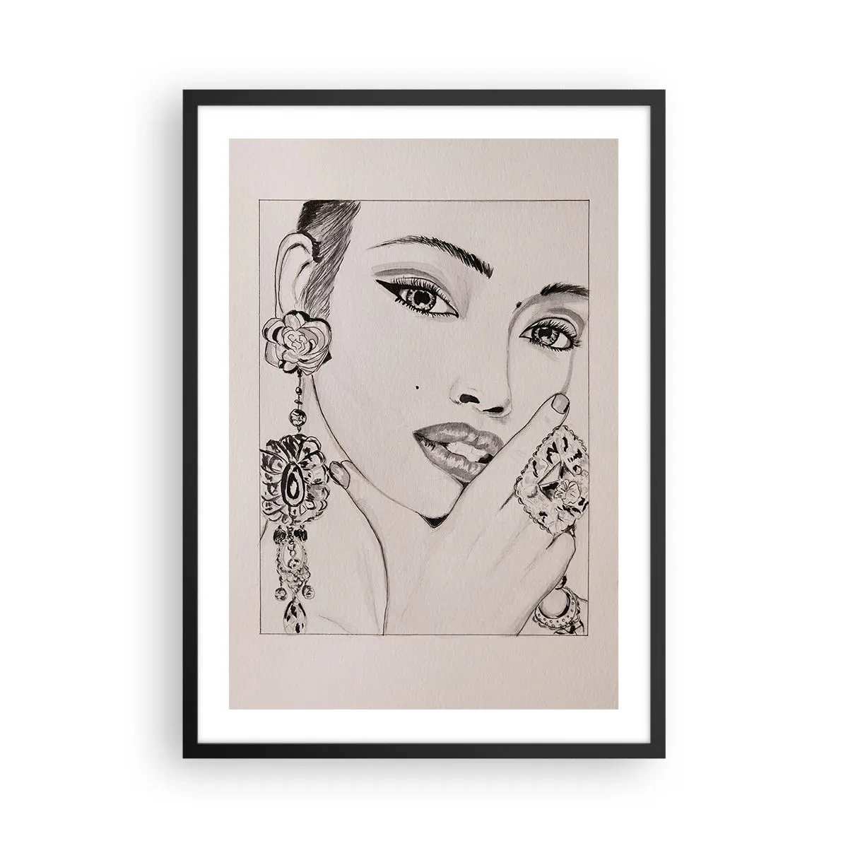 Póster en marco negro - Boceto de una mujer con joyas glamorosas. - 50x70cm - La joya más bella - Decoración de pared moderna para salón y dormitorio ARTTOR
