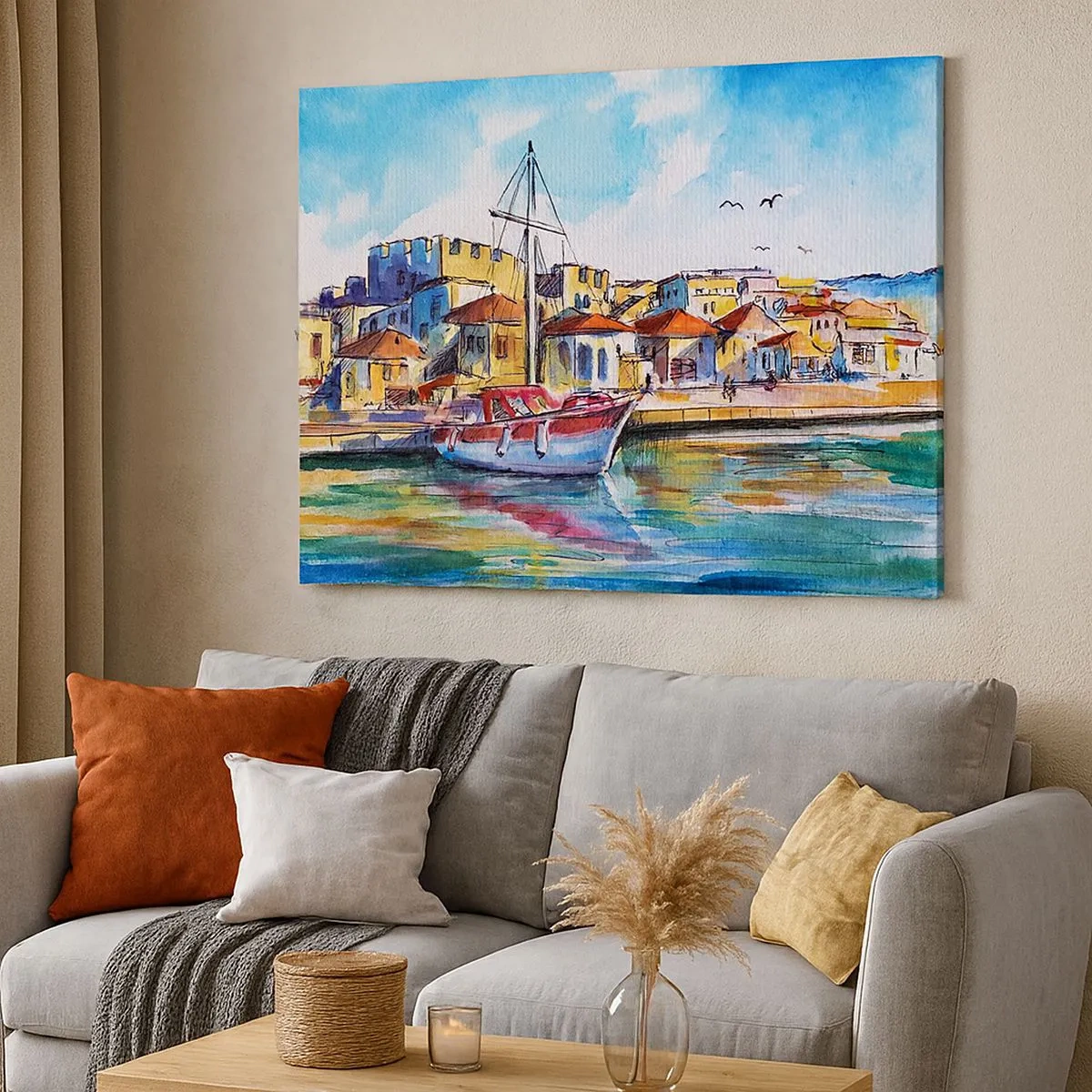 Cuadro sobre lienzo - Impresión de Imagen - Un puerto pintoresco con un barco y edificios coloridos. - 70x50cm - Tarde de arco iris - Decoración de pared moderna para salón y dormitorio ARTTOR