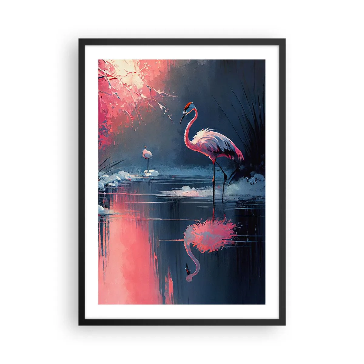 Póster en marco negro - Flamencos en un lago tranquilo - 50x70cm - Un retiro de aves - Decoración de pared moderna para salón y dormitorio ARTTOR