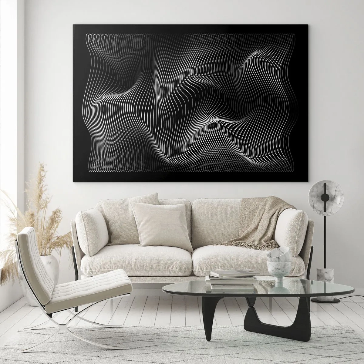 Cuadro sobre vidrio - Impresiones sobre Vidrio - Líneas blancas hipnóticas que ondulan sobre un fondo negro - 70x50cm - La danza de la luz en el espacio - Decoración de pared moderna para salón y dormitorio ARTTOR