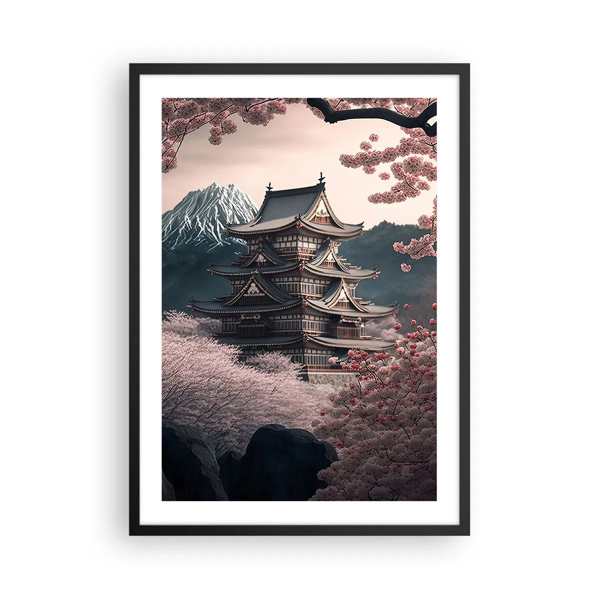 Póster en marco negro - Pagoda japonesa entre flores de cerezo - 50x70cm - Tierra de cerezos en flor - Decoración de pared moderna para salón y dormitorio ARTTOR