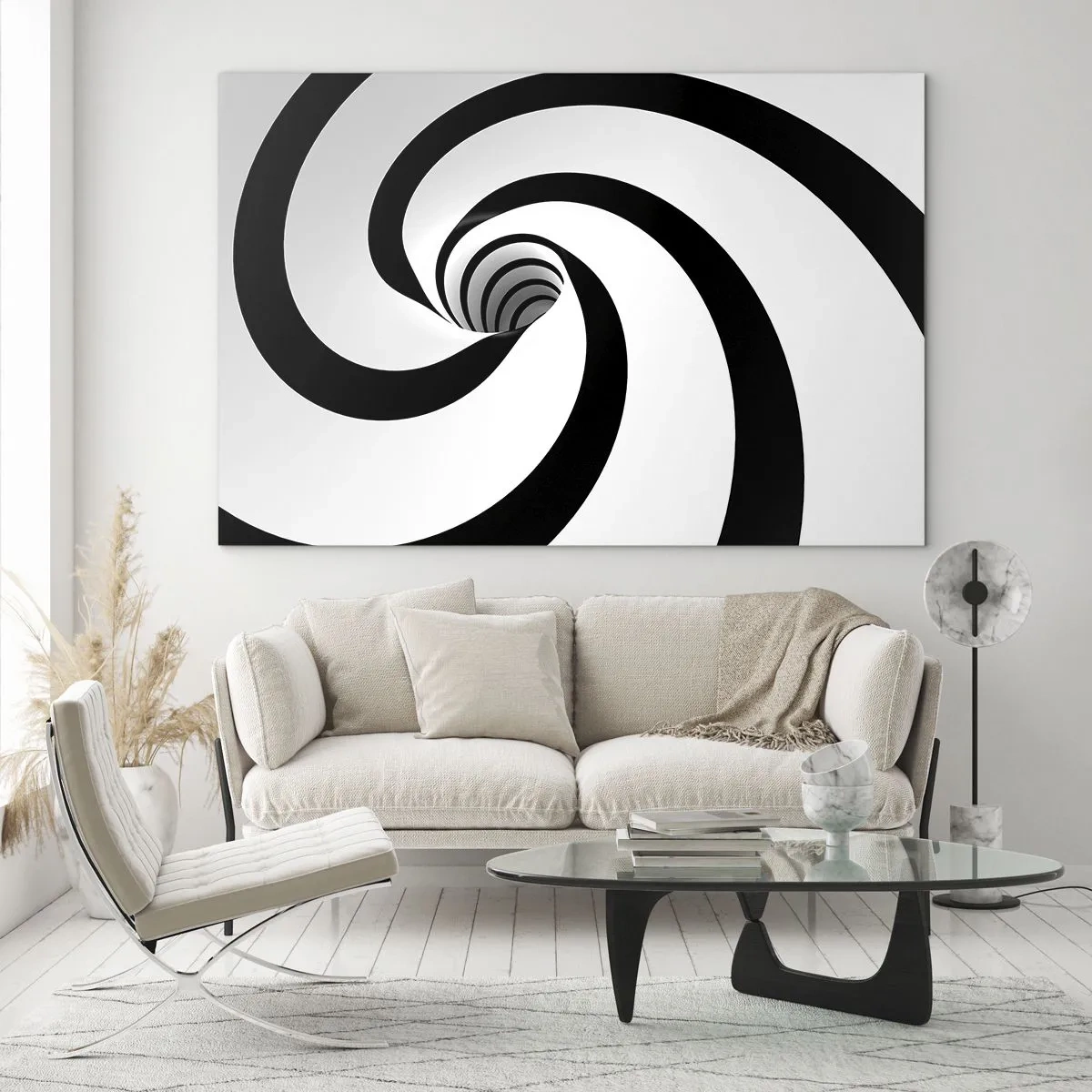 Cuadro sobre vidrio - Impresiones sobre Vidrio - Patrón espiral hipnótico en blanco y negro - 70x50cm - ¿Ceder al torbellino? - Decoración de pared moderna para salón y dormitorio ARTTOR
