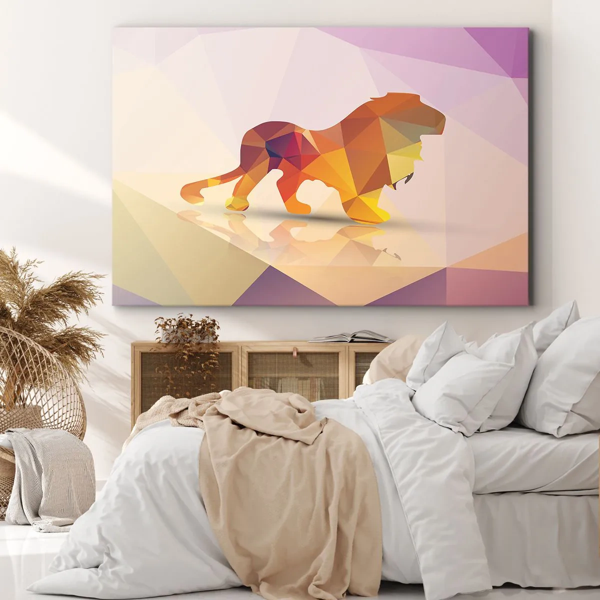Cuadro sobre lienzo - Impresión de Imagen - Silueta geométrica de un león en tonos amarillo y naranja. - 70x50cm - El rey de los diamantes - Decoración de pared moderna para salón y dormitorio ARTTOR