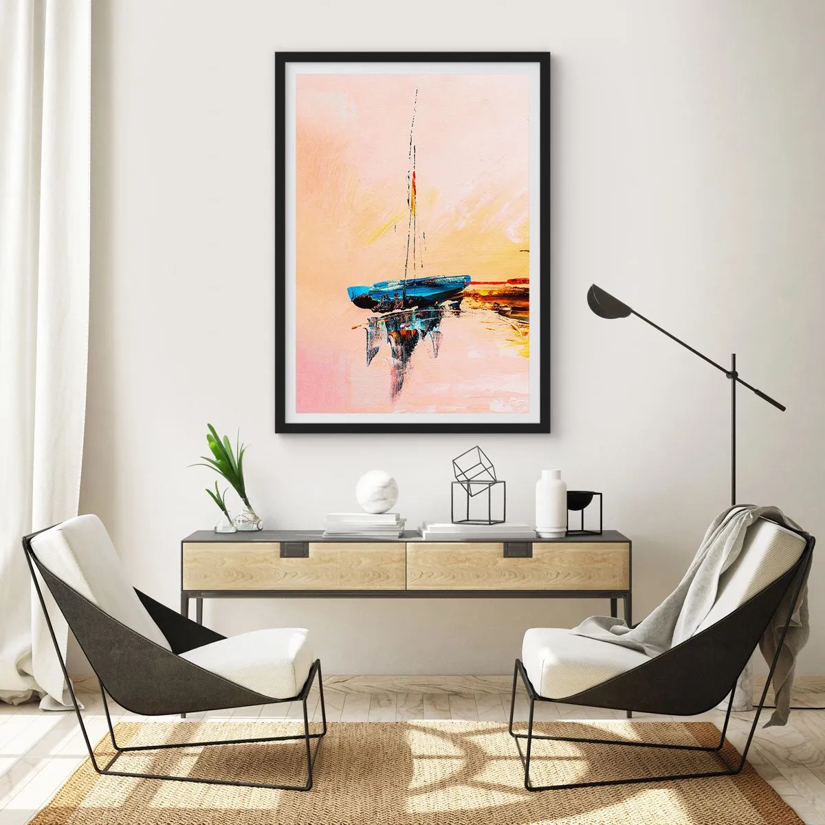 Póster en marco negro - Barco abstracto en aguas tranquilas al atardecer - 50x70cm - Atardecer en el puerto deportivo - Decoración de pared moderna para salón y dormitorio ARTTOR
