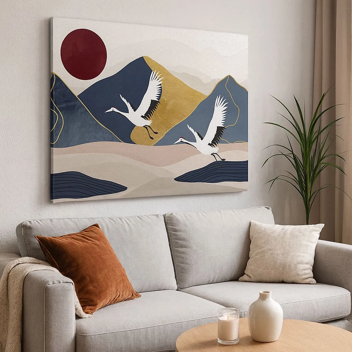Cuadro sobre lienzo - Impresión de Imagen - Grúas en vuelo con el telón de fondo de montañas y un sol rojo. - 70x50cm - Y el día ha vuelto a pasar volando - Decoración de pared moderna para salón y dormitorio ARTTOR