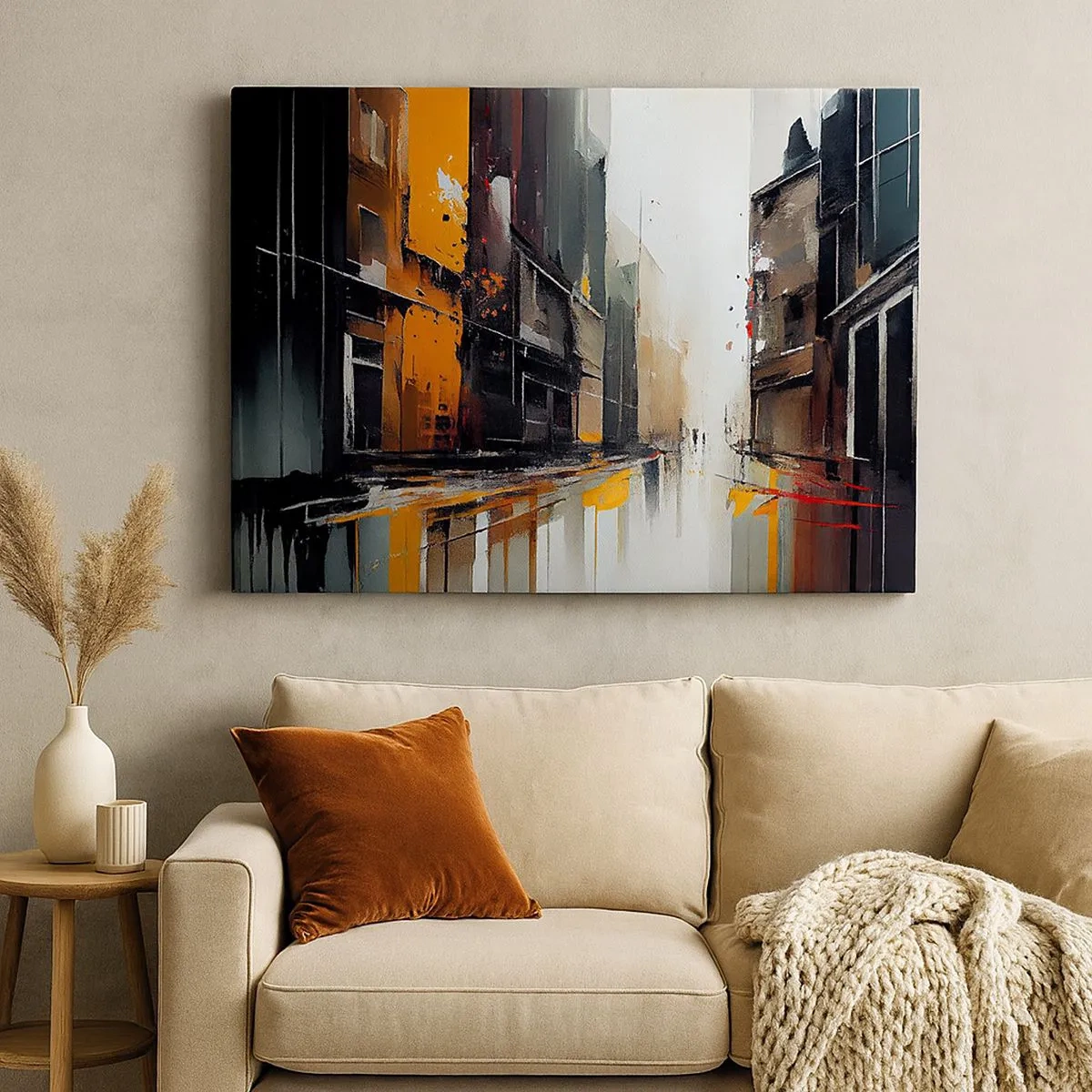 Cuadro sobre lienzo - Impresión de Imagen - Vista abstracta de una calle de la ciudad bajo la lluvia - 70x50cm - Día lluvioso - Decoración de pared moderna para salón y dormitorio ARTTOR