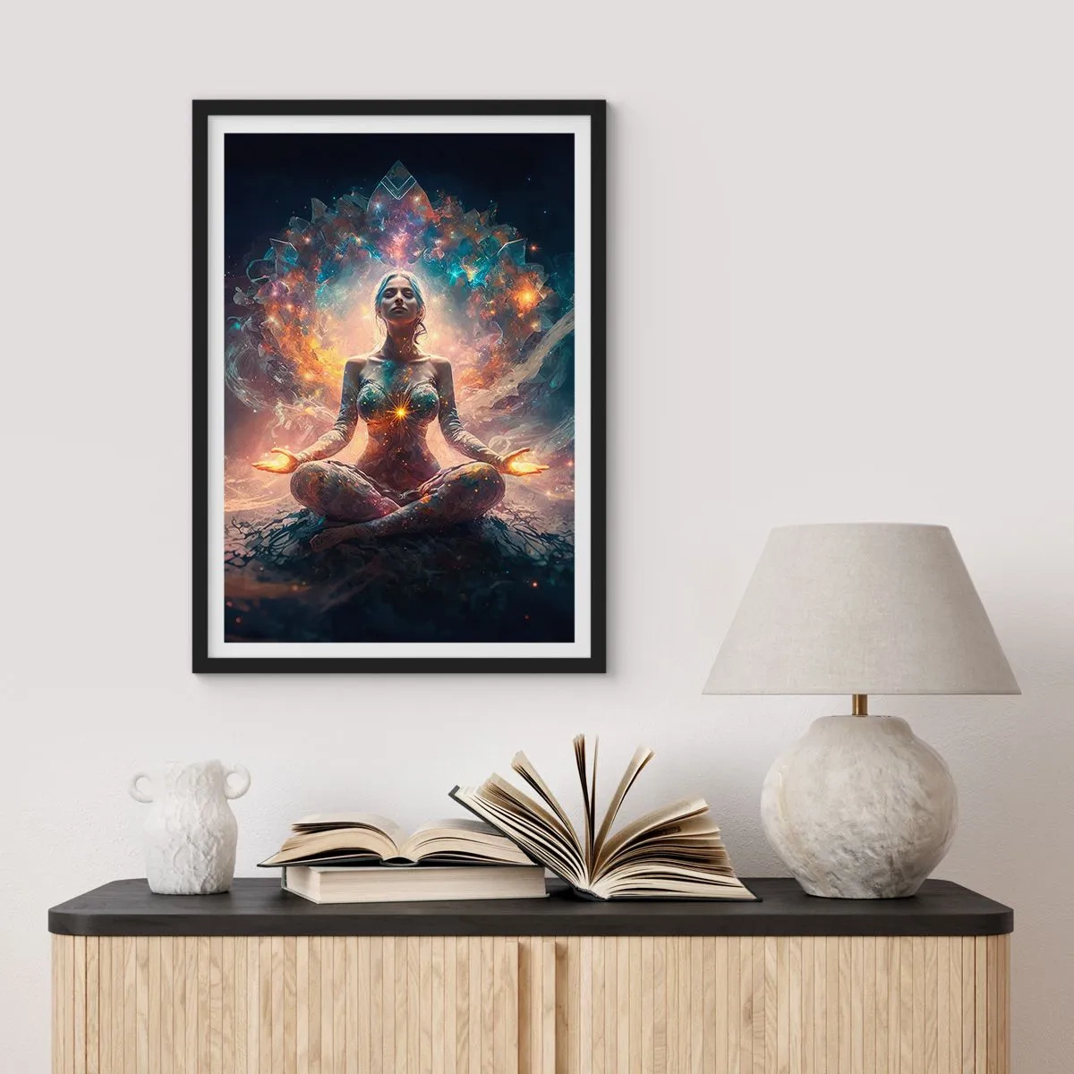 Póster en marco negro - Meditación mística rodeada de energía cósmica. - 50x70cm - Flujo de buena energía - Decoración de pared moderna para salón y dormitorio ARTTOR