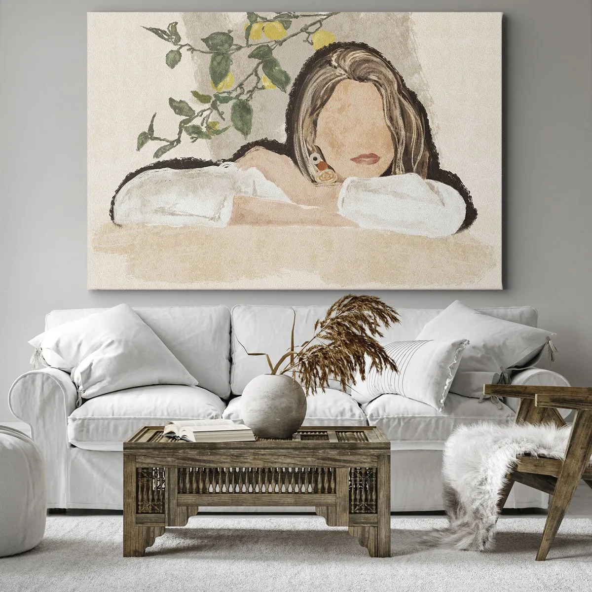 Cuadro sobre lienzo - Impresión de Imagen - La figura de una mujer sobre el fondo de un limonero. - 70x50cm - La belleza del sur - Decoración de pared moderna para salón y dormitorio ARTTOR