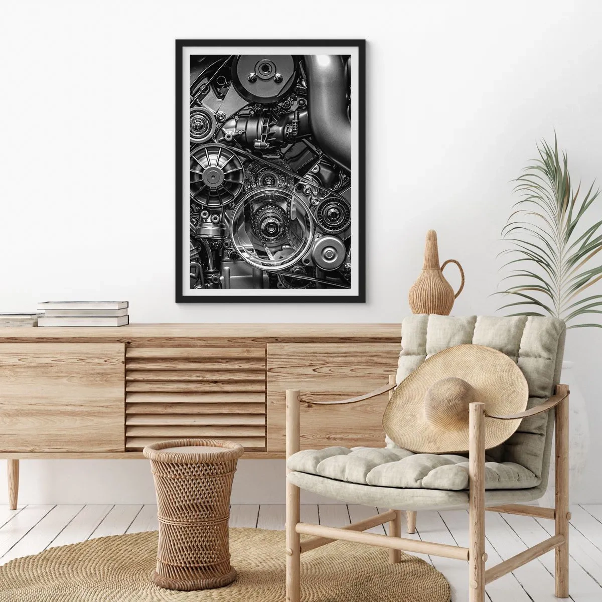 Póster en marco negro - Primer plano detallado de los componentes mecánicos del motor en blanco y negro. - 50x70cm - La poesía de la mecánica - Decoración de pared moderna para salón y dormitorio ARTTOR