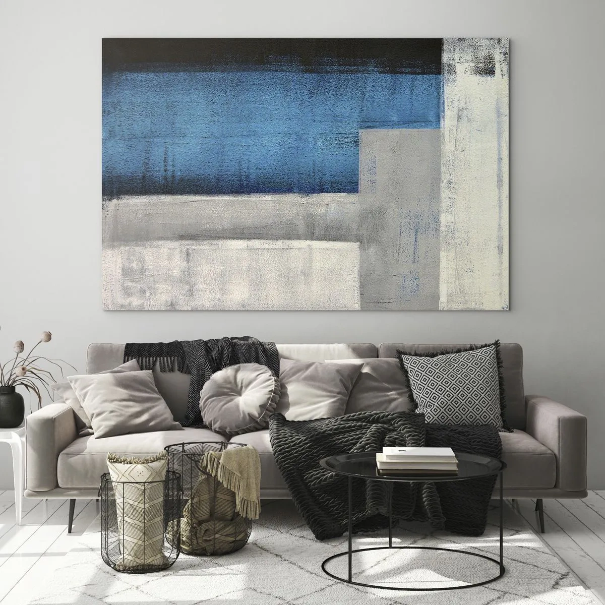 Cuadro sobre vidrio - Impresiones sobre Vidrio - Abstracción geométrica en azul, gris y blanco. - 70x50cm - Composición poética de gris y azul - Decoración de pared moderna para salón y dormitorio ARTTOR