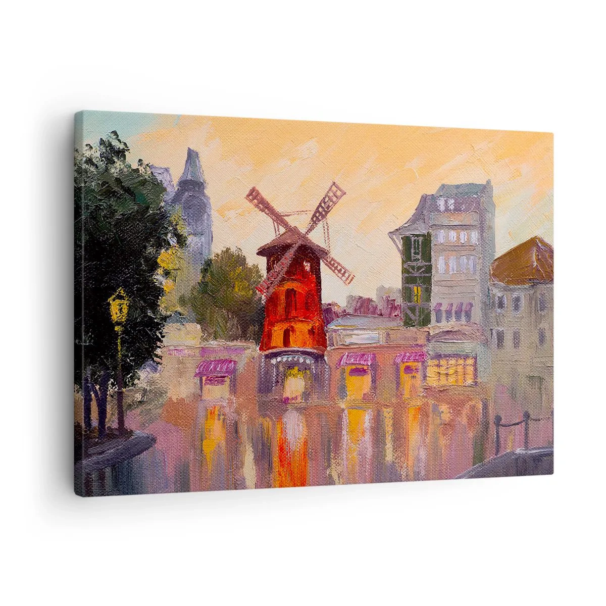 Cuadro sobre lienzo - Impresión de Imagen - El molino de viento rojo del Moulin Rouge rodeado del paisaje urbano - 70x50cm - Iconos parisinos - Moulin Rouge - Decoración de pared moderna para salón y dormitorio ARTTOR