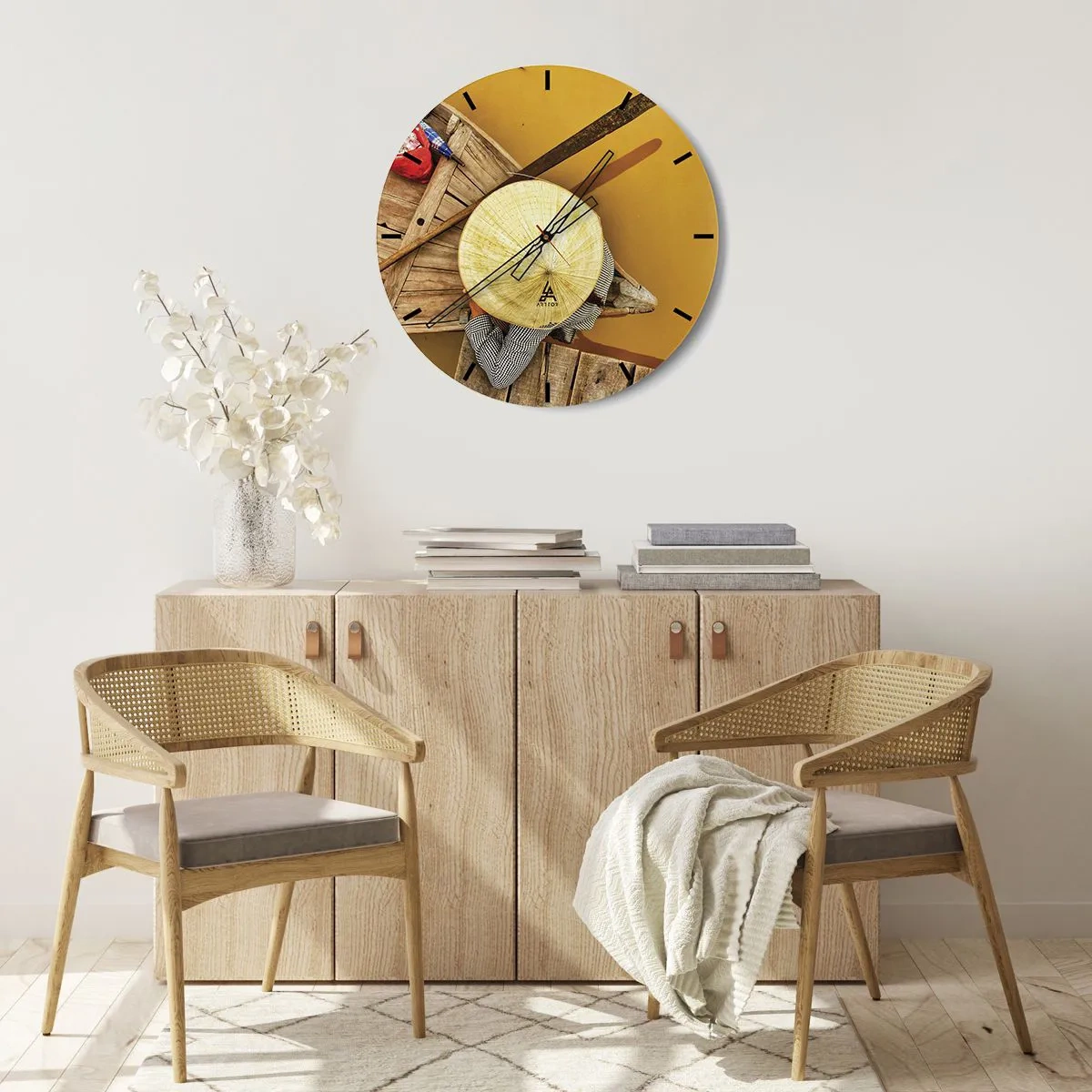 Reloj de pared - Reloj de vidrio - Persona con sombrero en un barco de madera en el río Amarillo - 30x30cm - La vida en el río amarillo - Decoración de pared moderna para salón, cocina y dormitorio ARTTOR