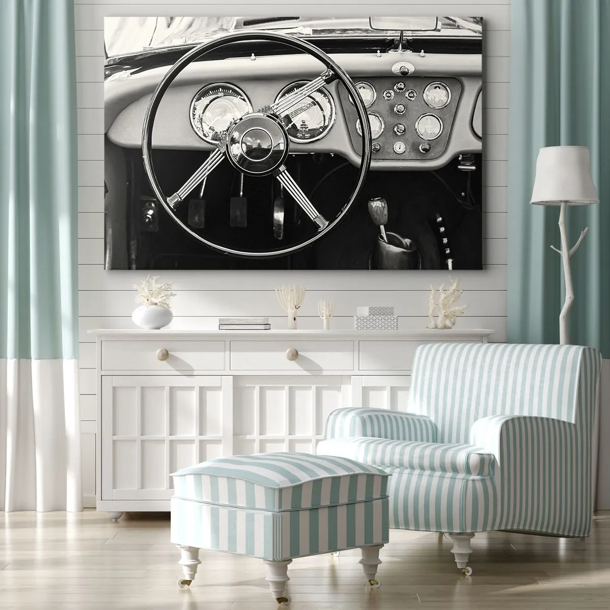 Cuadro sobre lienzo - Impresión de Imagen - Interior de coche clásico en blanco y negro - 70x50cm - El sueño de un coleccionista - Decoración de pared moderna para salón y dormitorio ARTTOR
