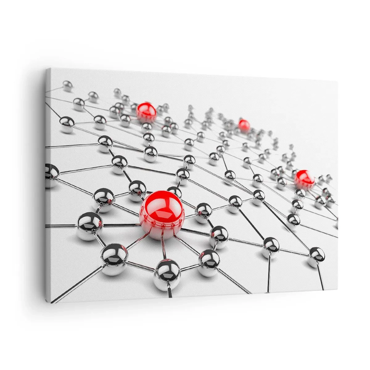 Cuadro sobre lienzo - Impresión de Imagen - Una red de bolas metálicas con acentos rojos. - 70x50cm - Una red plateada - Decoración de pared moderna para salón y dormitorio ARTTOR