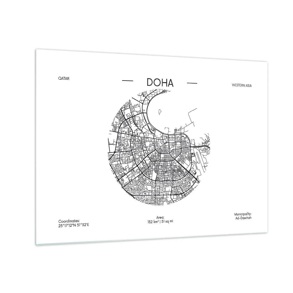 Cuadro sobre vidrio - Impresiones sobre Vidrio - Un mapa gráfico de Doha en un estilo minimalista en blanco y negro. - 70x50cm - Anatomía de Doha - Decoración de pared moderna para salón y dormitorio ARTTOR