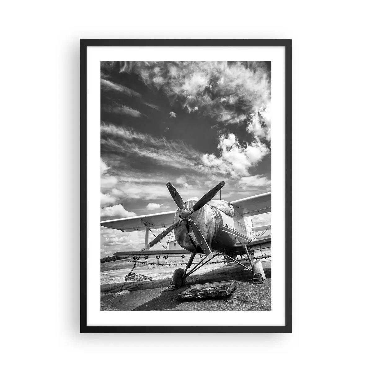 Póster en marco negro - Fotografía en blanco y negro de un avión retro contra el cielo. - 50x70cm - No puedo esperar - Decoración de pared moderna para salón y dormitorio ARTTOR