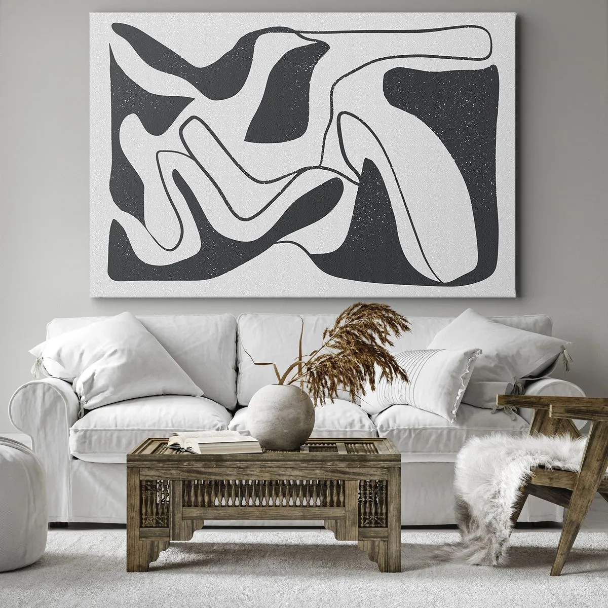 Cuadro sobre lienzo - Impresión de Imagen - Abstracción en blanco y negro con formas orgánicas. - 70x50cm - Juego abstracto en un laberinto - Decoración de pared moderna para salón y dormitorio ARTTOR