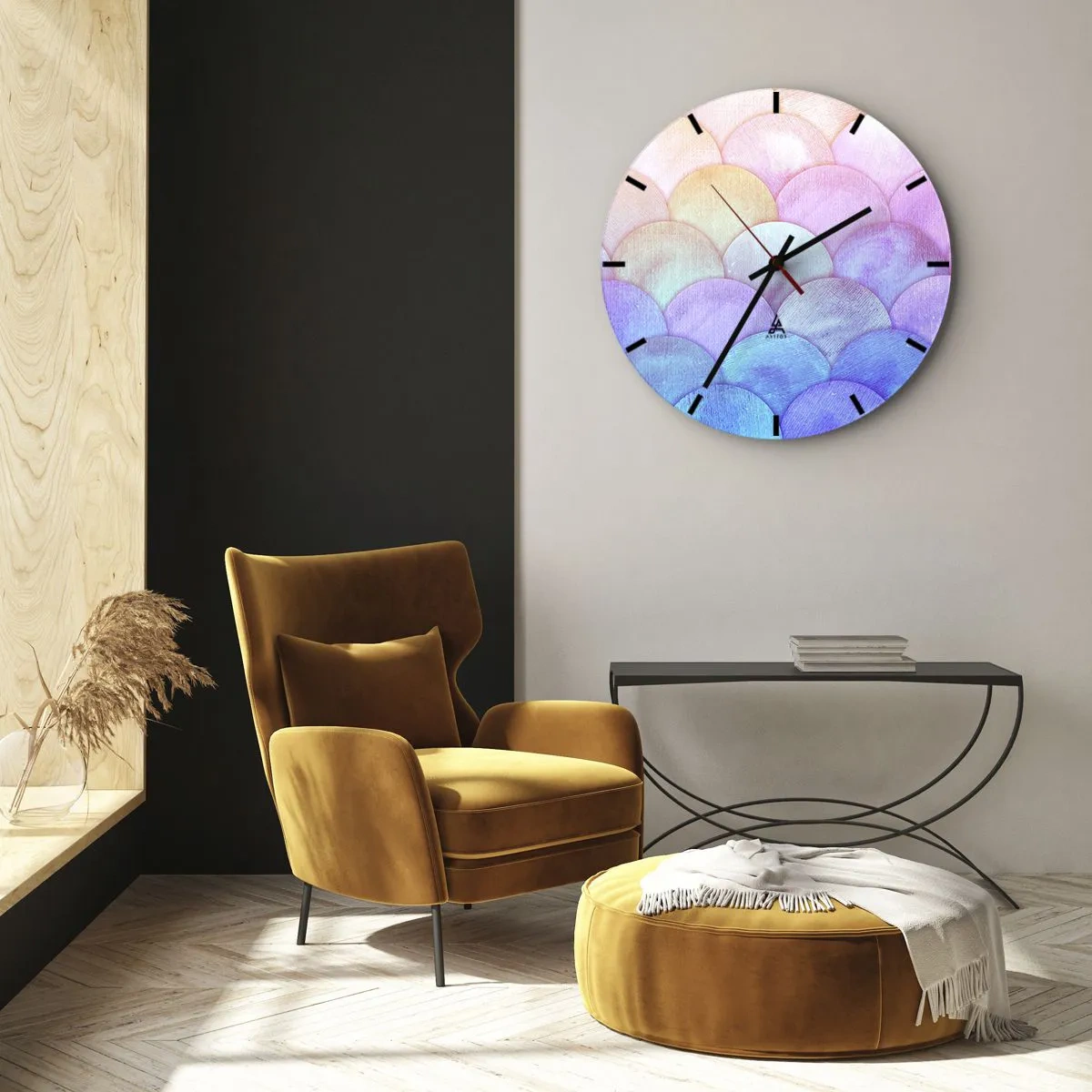 Reloj de pared - Reloj de vidrio - Escamas pastel semicirculares en tonos rosa, morado y azul. - 30x30cm - Concha de perla - Decoración de pared moderna para salón, cocina y dormitorio ARTTOR