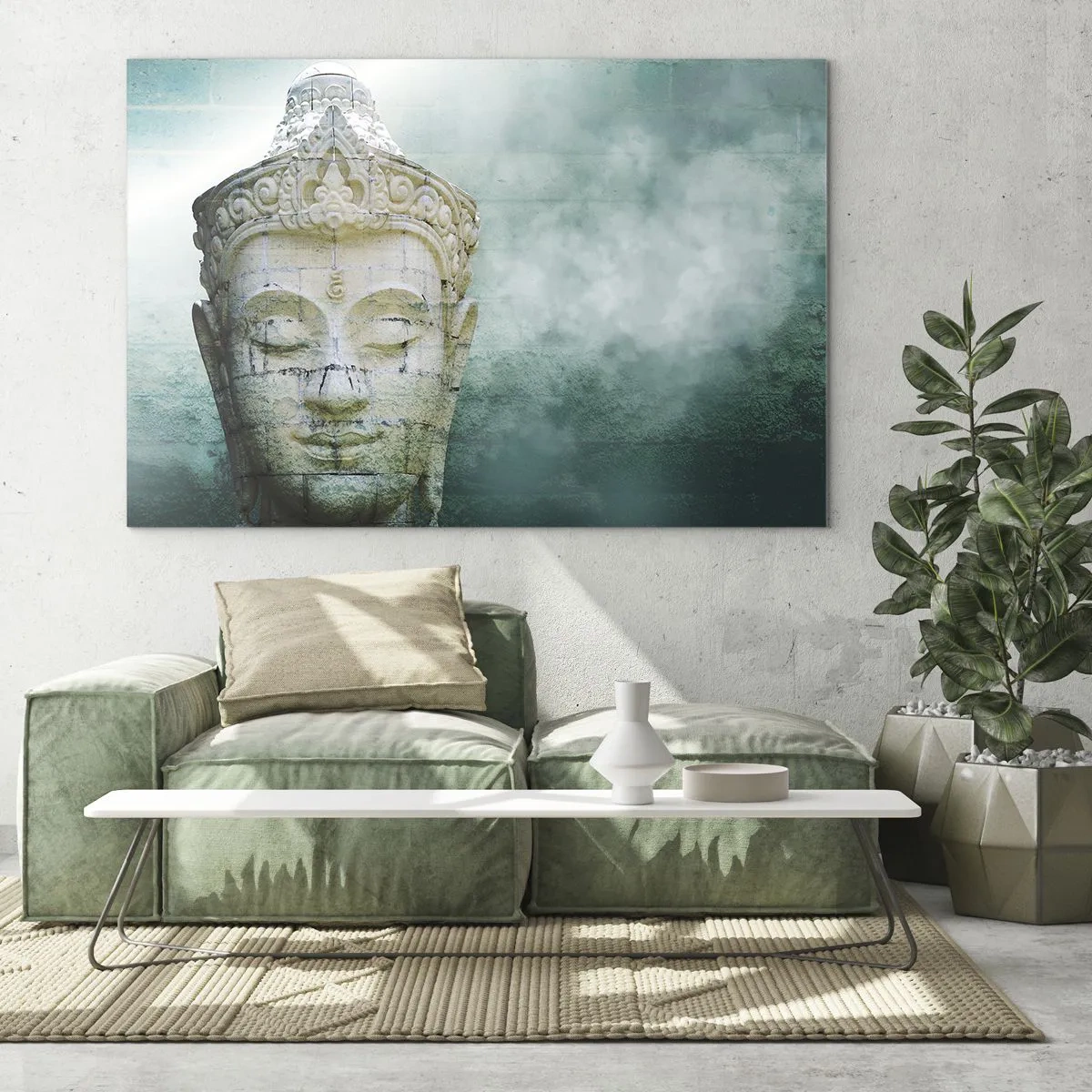 Cuadro sobre vidrio - Impresiones sobre Vidrio - Estatua de Buda en una atmósfera mística. - 70x50cm - Buscando la luz - Decoración de pared moderna para salón y dormitorio ARTTOR