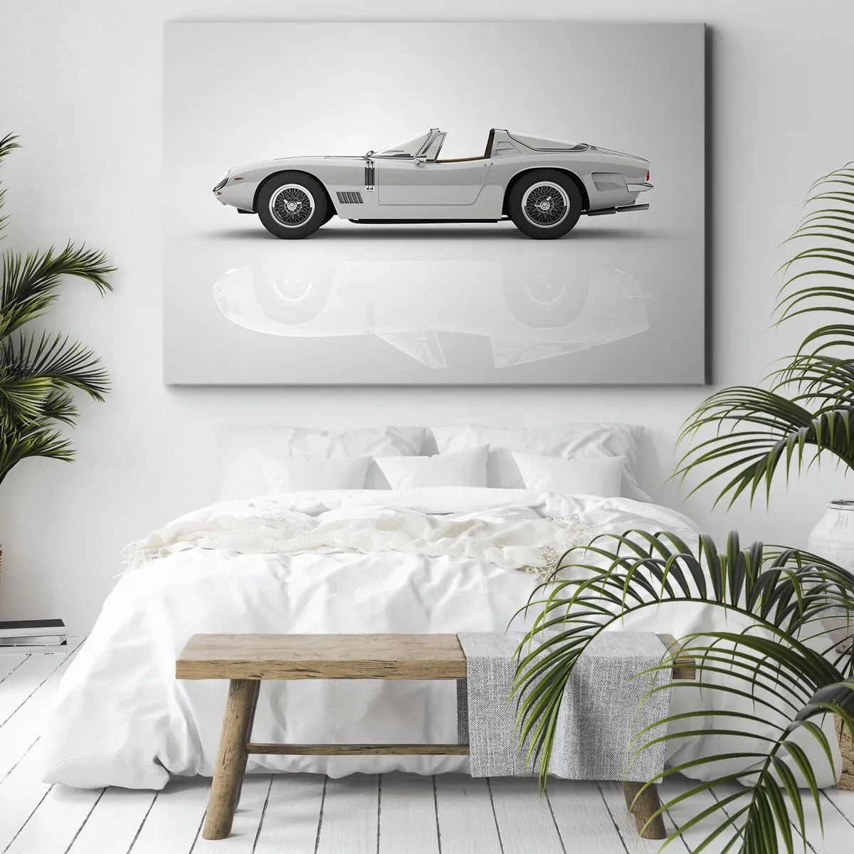 Cuadro sobre lienzo - Impresión de Imagen - Clásico convertible blanco sobre fondo claro. - 70x50cm - Una promesa de diversión - Decoración de pared moderna para salón y dormitorio ARTTOR