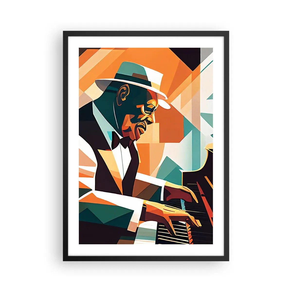 Póster en marco negro - Retrato abstracto de un pianista en estilo cubista. - 50x70cm - Todo ese jazz que llevas dentro - Decoración de pared moderna para salón y dormitorio ARTTOR