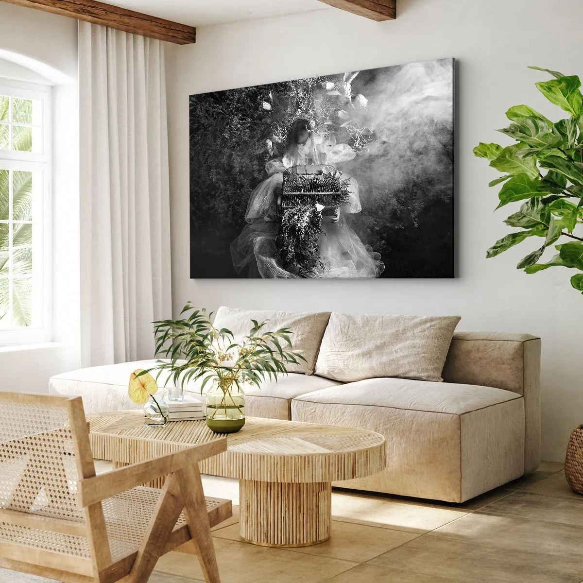 Cuadro sobre lienzo - Impresión de Imagen - Una composición en blanco y negro con una figura con un vestido y una jaula en la niebla. - 70x50cm - La madre misma - La naturaleza - Decoración de pared moderna para salón y dormitorio ARTTOR