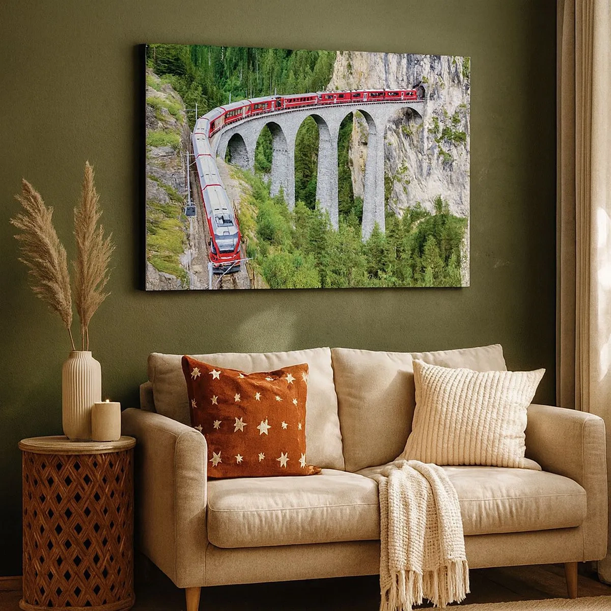 Cuadro sobre lienzo - Impresión de Imagen - Un tren en un pintoresco viaducto en un paisaje montañoso. - 70x50cm - Atravesando las montañas - Decoración de pared moderna para salón y dormitorio ARTTOR