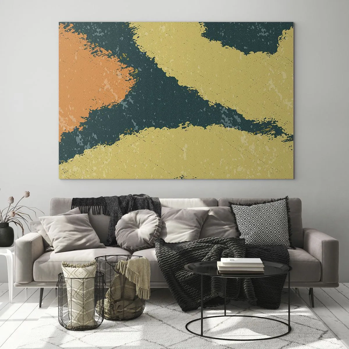 Cuadro sobre vidrio - Impresiones sobre Vidrio - Una abstracción fluida en mostaza, verde y naranja. - 70x50cm - Abstracción - a cámara lenta - Decoración de pared moderna para salón y dormitorio ARTTOR