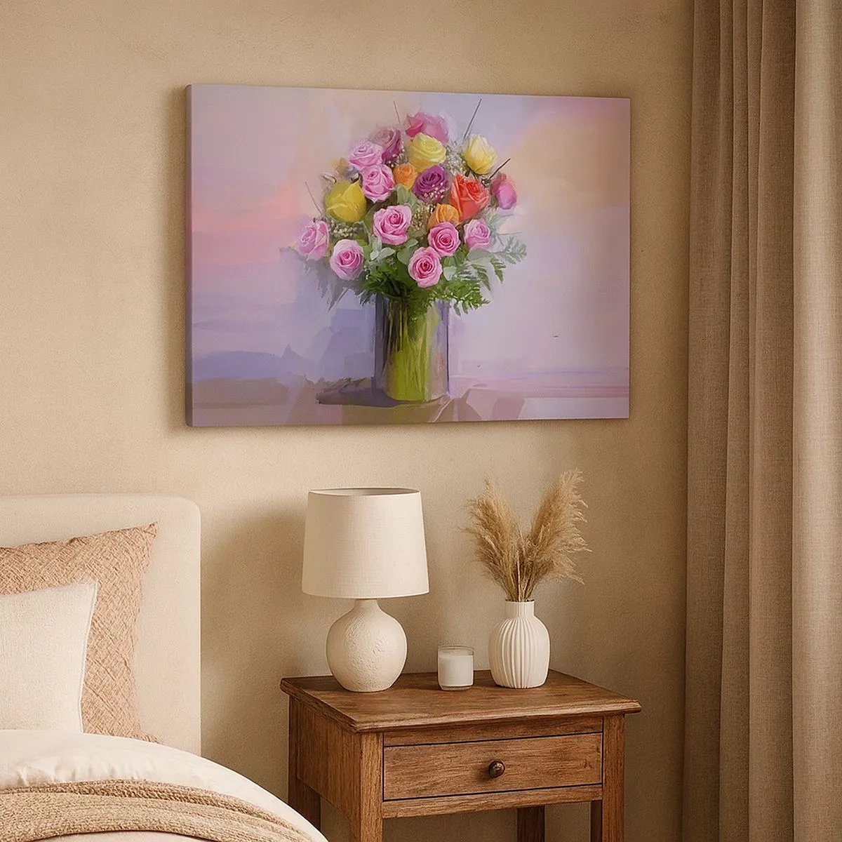 Cuadro sobre lienzo - Impresión de Imagen - Un ramo de rosas de colores en un jarrón de cristal. - 70x50cm - Belleza inmortalizada - Decoración de pared moderna para salón y dormitorio ARTTOR