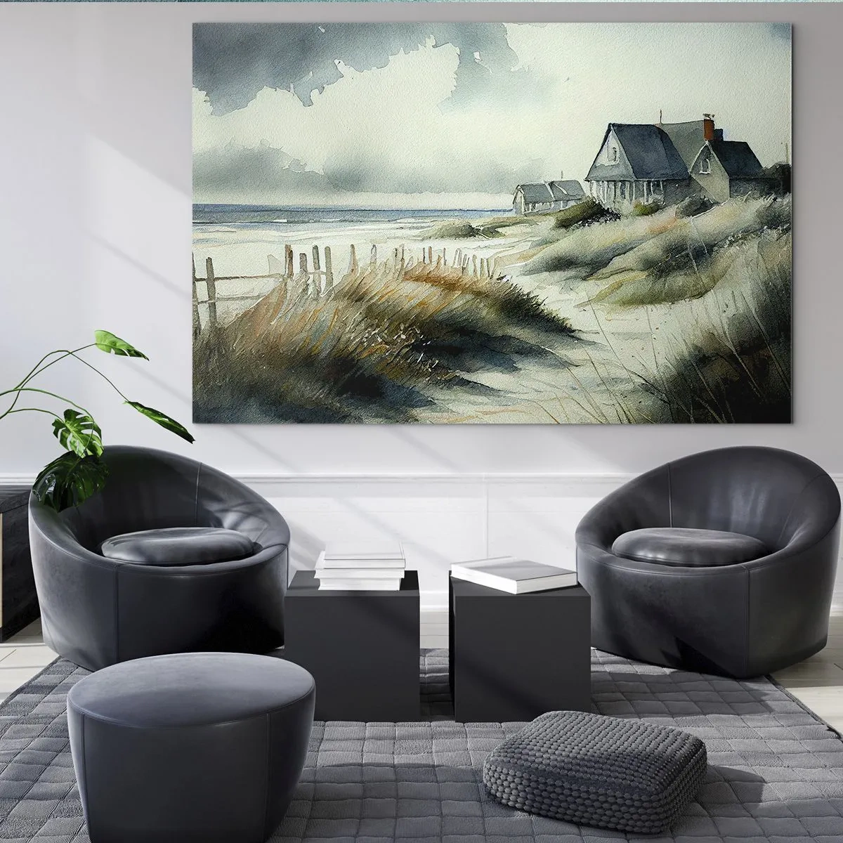 Cuadro sobre vidrio - Impresiones sobre Vidrio - Casas en las dunas frente al mar bajo un cielo nublado - 70x50cm - Lejos del bullicio - Decoración de pared moderna para salón y dormitorio ARTTOR