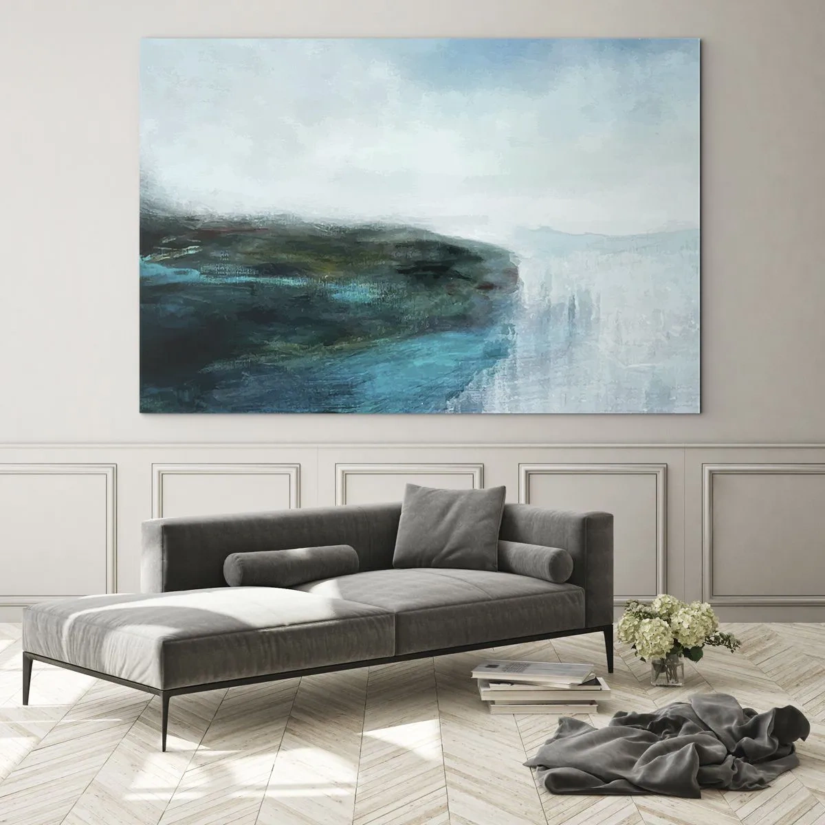 Cuadro sobre vidrio - Impresiones sobre Vidrio - Paisaje acuático abstracto con colores azul y blanco dominantes - 70x50cm - Abstracción marina - Decoración de pared moderna para salón y dormitorio ARTTOR