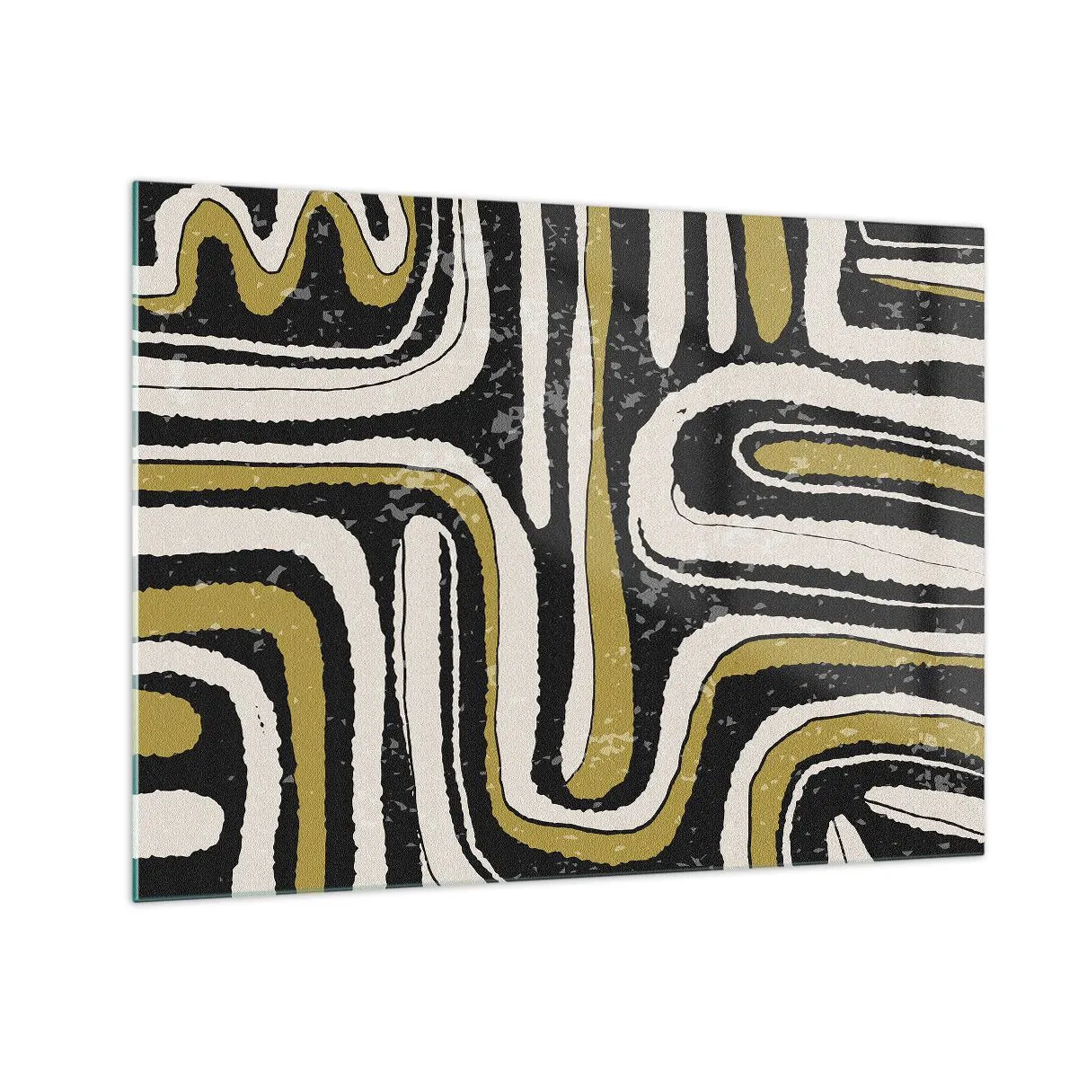 Cuadro sobre vidrio - Impresiones sobre Vidrio - Patrones abstractos en negro, blanco y dorado. - 70x50cm - Composición: tramos y callejones - Decoración de pared moderna para salón y dormitorio ARTTOR