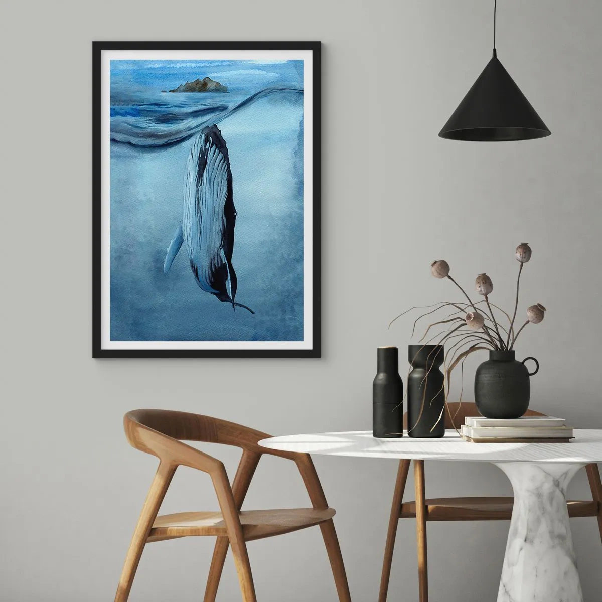Póster en marco negro - Una ballena bajo la superficie del océano. - 50x70cm - Dos mundos del norte - Decoración de pared moderna para salón y dormitorio ARTTOR