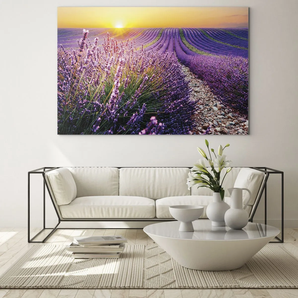 Cuadro sobre vidrio - Impresiones sobre Vidrio - Campo de lavanda al amanecer con un camino rocoso. - 70x50cm - Pradera fragante - Decoración de pared moderna para salón y dormitorio ARTTOR