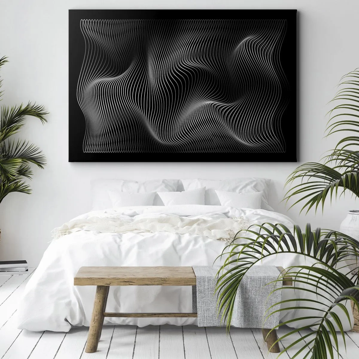 Cuadro sobre lienzo - Impresión de Imagen - Líneas blancas abstractas sobre un fondo negro - 70x50cm - La danza de la luz en el espacio - Decoración de pared moderna para salón y dormitorio ARTTOR