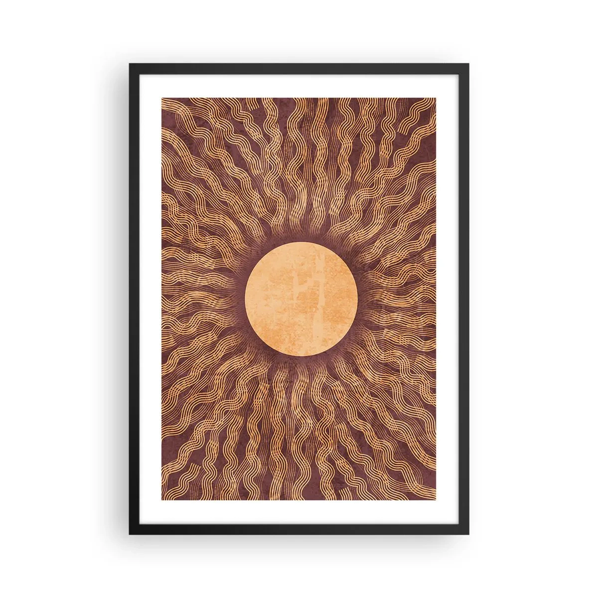 Póster en marco negro - Sol estilizado con rayos en tonos dorados y marrones. - 50x70cm - Icono del sol - Decoración de pared moderna para salón y dormitorio ARTTOR