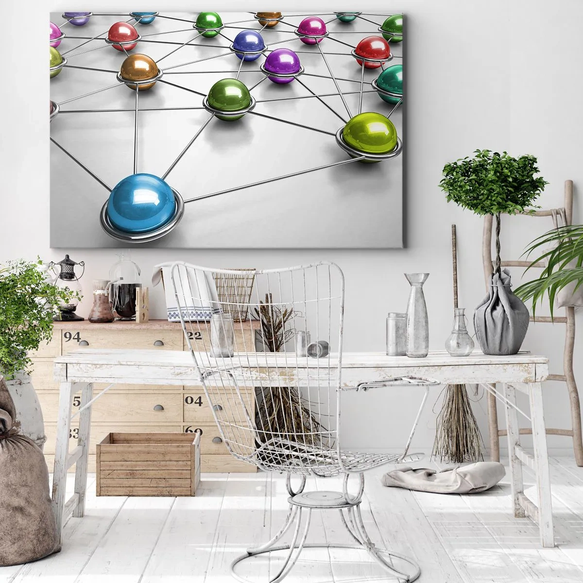 Cuadro sobre lienzo - Impresión de Imagen - Bolas de colores conectadas por líneas finas sobre un fondo blanco. - 70x50cm - Una red cósmica - Decoración de pared moderna para salón y dormitorio ARTTOR