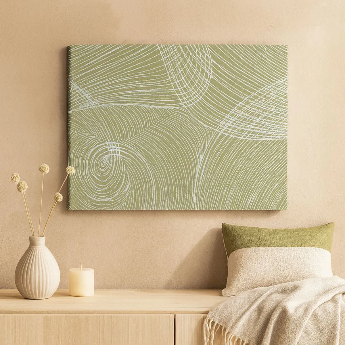 Cuadro sobre lienzo - Impresión de Imagen - Líneas verdes y blancas en una composición abstracta. - 70x50cm - Abstracción intrincada en blanco - Decoración de pared moderna para salón y dormitorio ARTTOR