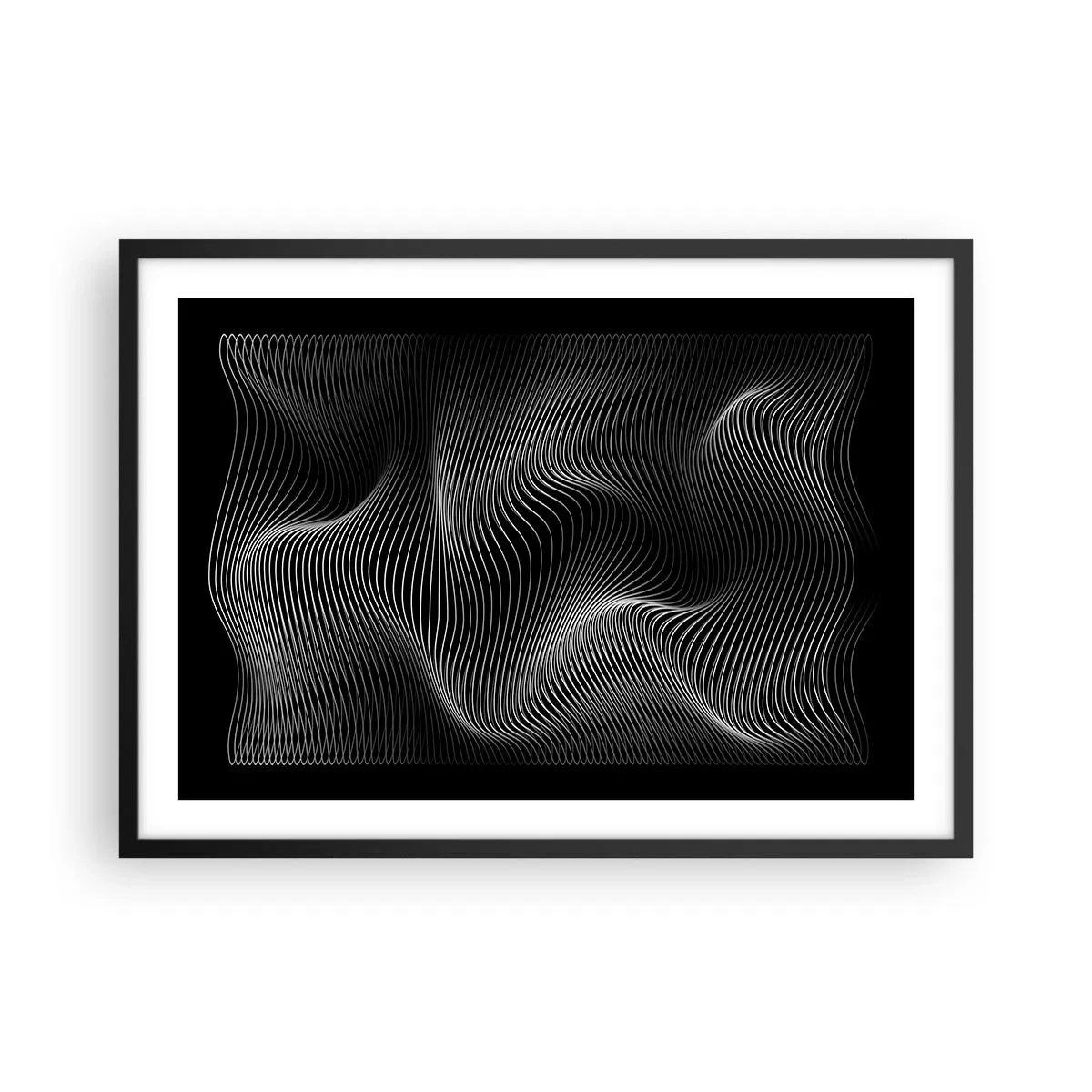 Póster en marco negro - Líneas blancas abstractas sobre un fondo negro - 70x50cm - La danza de la luz en el espacio - Decoración de pared moderna para salón y dormitorio ARTTOR