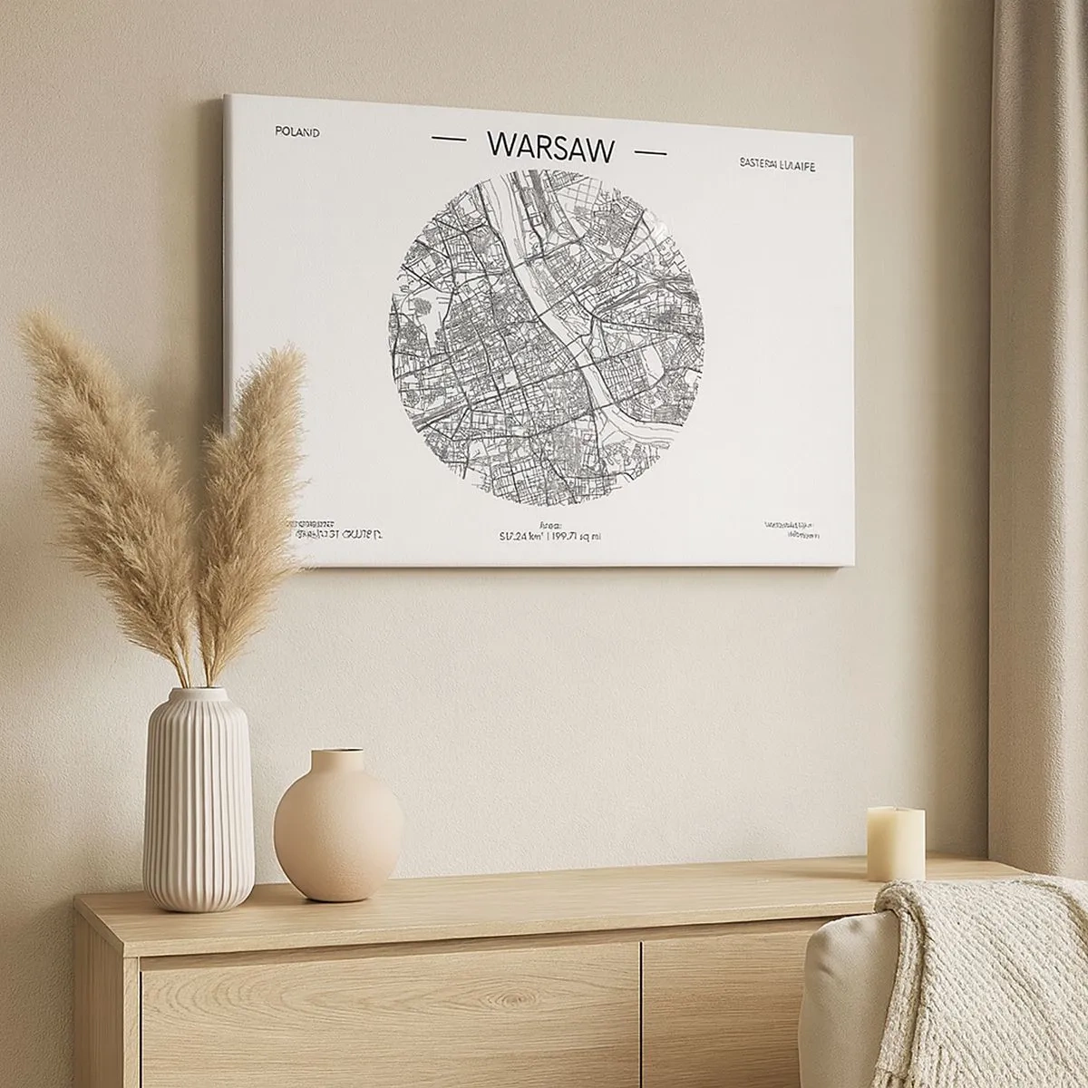 Cuadro sobre lienzo - Impresión de Imagen - Un mapa de Varsovia en estilo minimalista - 70x50cm - Anatomía de Varsovia - Decoración de pared moderna para salón y dormitorio ARTTOR