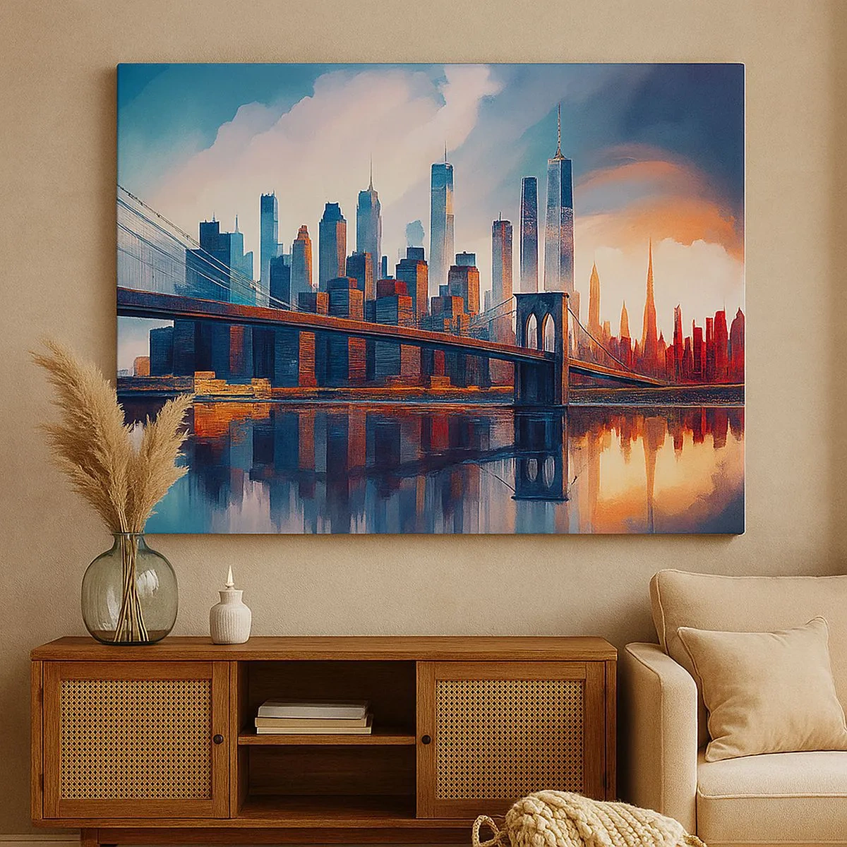 Cuadro sobre lienzo - Impresión de Imagen - Panorama de la ciudad de Nueva York con puente y reflejo en el agua - 70x50cm - Nueva York siempre luce - Decoración de pared moderna para salón y dormitorio ARTTOR
