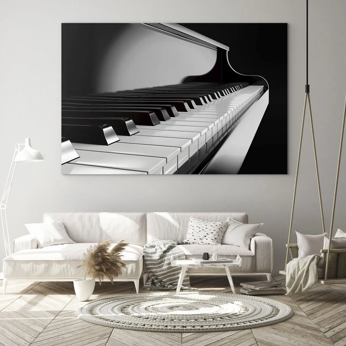 Cuadro sobre vidrio - Impresiones sobre Vidrio - Teclado de piano en blanco y negro en perspectiva - 70x50cm - Armonía musical - Decoración de pared moderna para salón y dormitorio ARTTOR