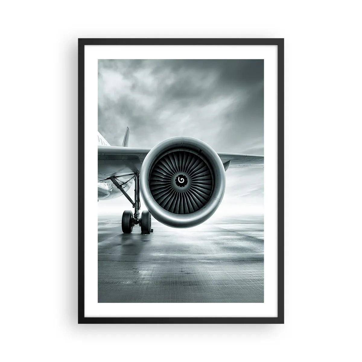 Póster en marco negro - Un motor a reacción de avión en tonos monocromáticos. - 50x70cm - Hay poder - Decoración de pared moderna para salón y dormitorio ARTTOR