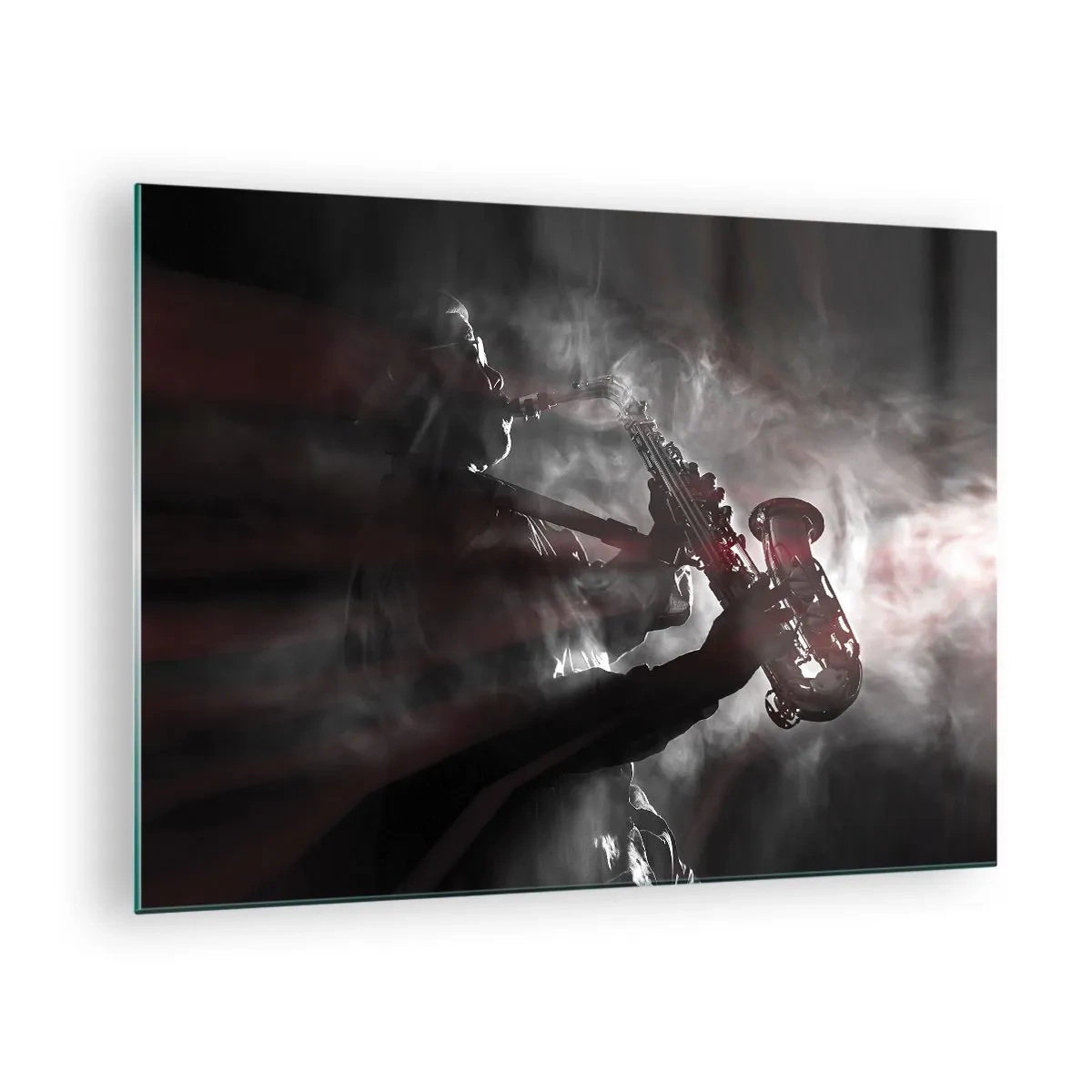 Cuadro sobre vidrio - Impresiones sobre Vidrio - Saxofonista en una nube de humo en blanco y negro - 70x50cm - En el vapor del jazz - Decoración de pared moderna para salón y dormitorio ARTTOR