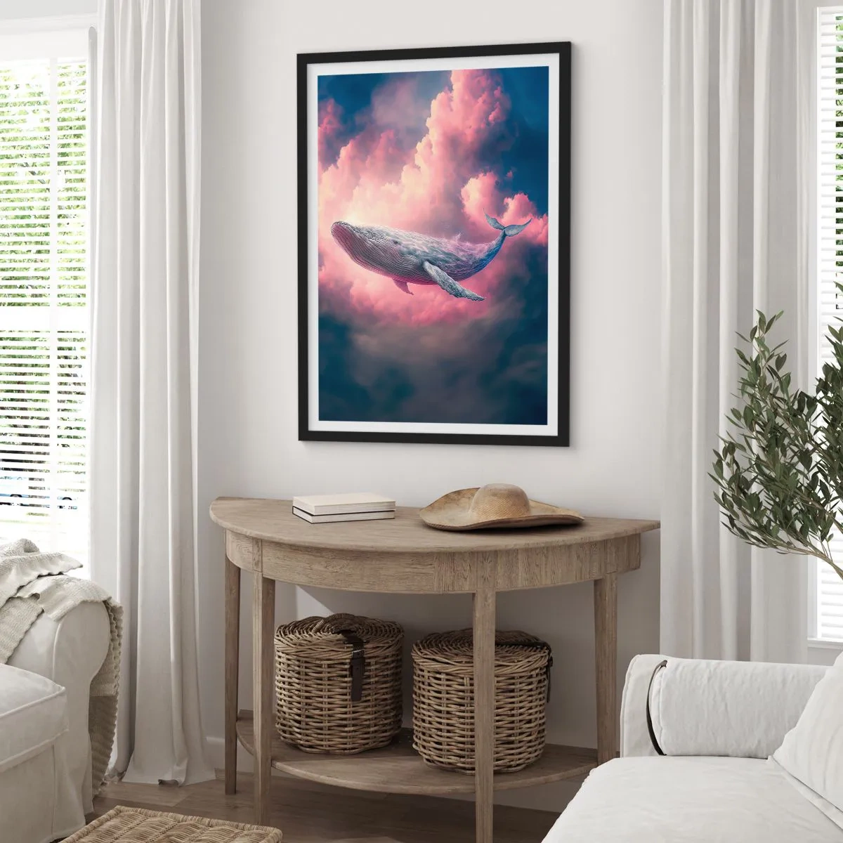 Póster en marco negro - Una ballena vuela entre nubes rosadas al atardecer. - 50x70cm - La reina de los mares asciende - Decoración de pared moderna para salón y dormitorio ARTTOR