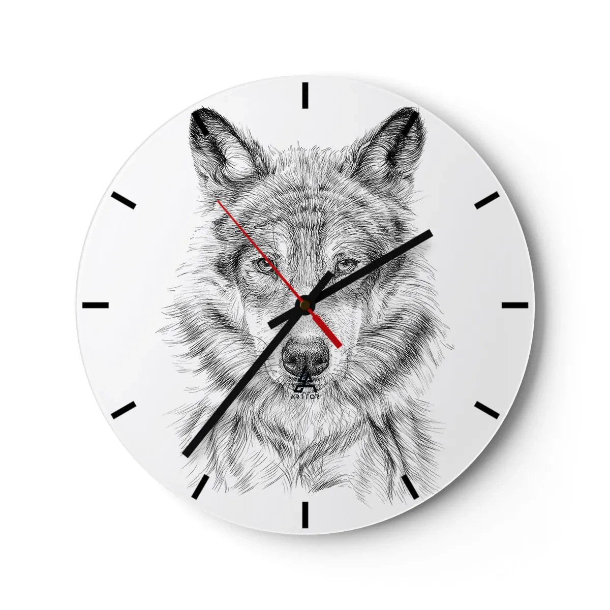 Reloj de pared - Reloj de vidrio - Boceto en blanco y negro de la cabeza de un lobo sobre un fondo blanco. - 30x30cm - Un líder nato - Decoración de pared moderna para salón, cocina y dormitorio ARTTOR