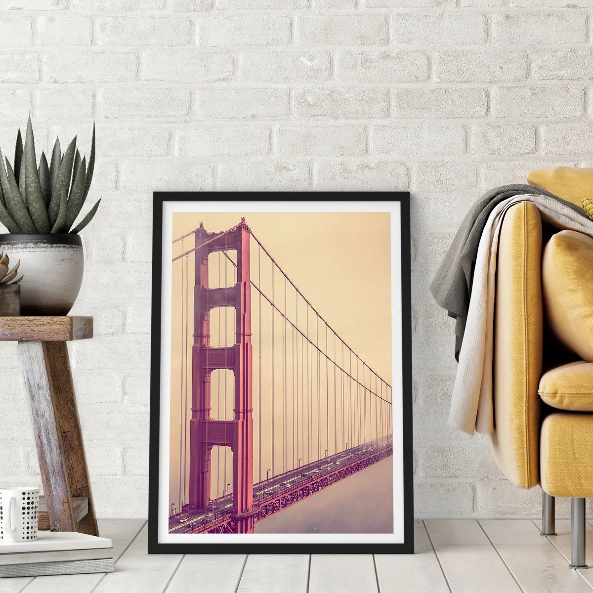 Póster en marco negro - Puente Golden Gate en la niebla vintage - 50x70cm - Entre el cielo y la tierra - Decoración de pared moderna para salón y dormitorio ARTTOR