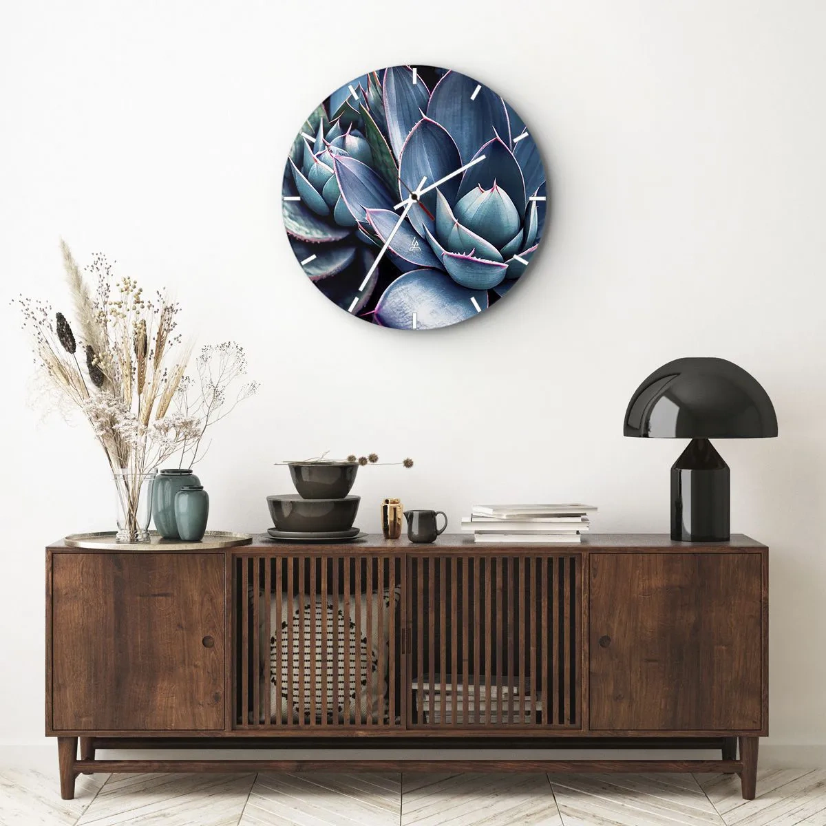 Reloj de pared - Reloj de vidrio - Deliciosas rosetas de suculentas en tonos turquesa y morado. - 30x30cm - Fuerza vital - Decoración de pared moderna para salón, cocina y dormitorio ARTTOR