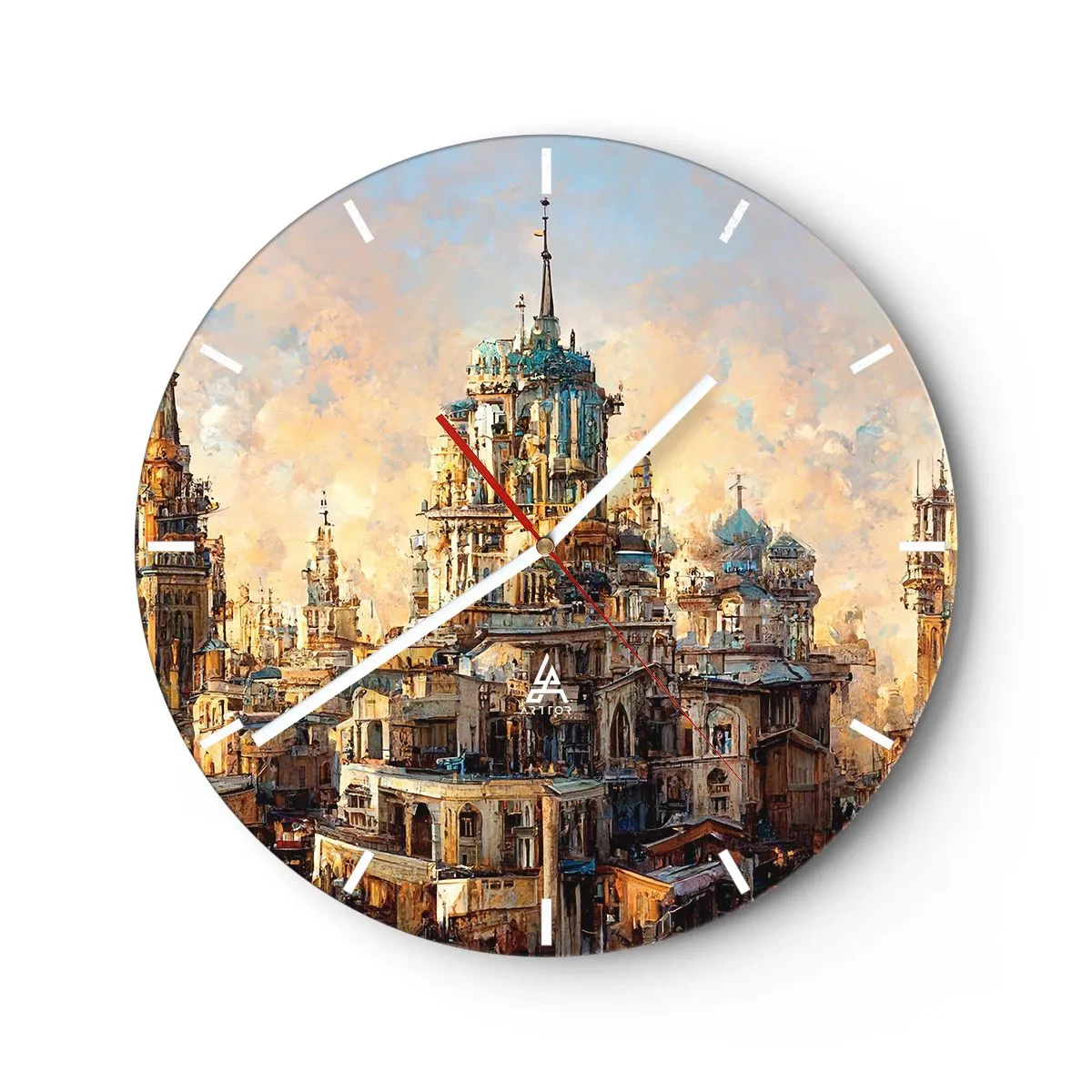 Reloj de pared - Reloj de vidrio - Las torres y edificios de una ciudad de fantasía al atardecer. - 30x30cm - Una ciudad de ciudades - Decoración de pared moderna para salón, cocina y dormitorio ARTTOR