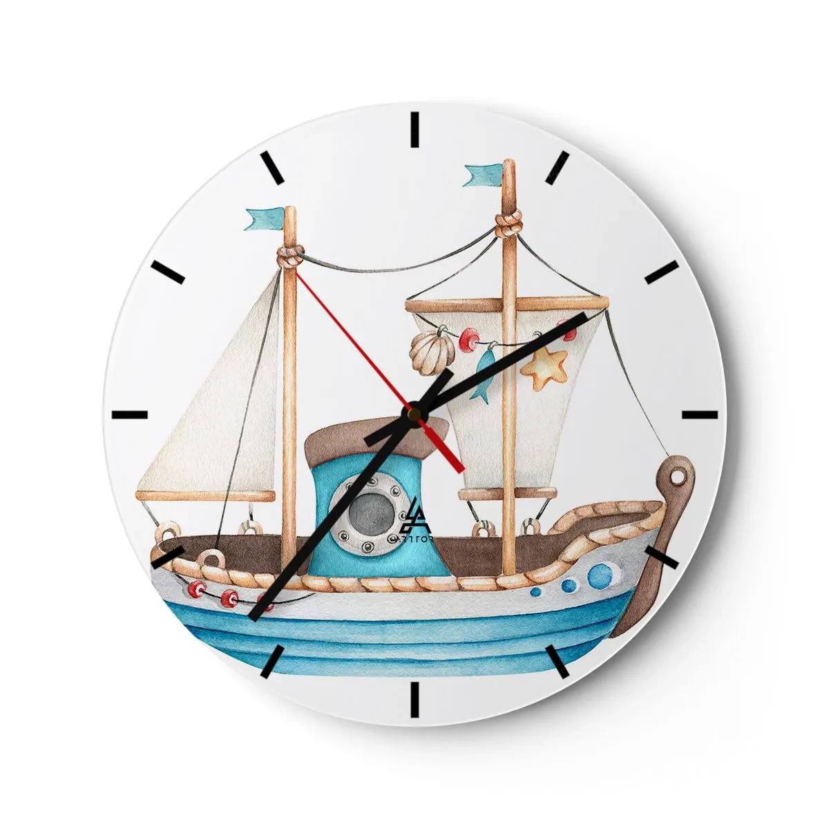Reloj de pared - Reloj de vidrio - Velero infantil ilustrado con decoraciones náuticas - 30x30cm - A la aventura - Decoración de pared moderna para salón, cocina y dormitorio ARTTOR